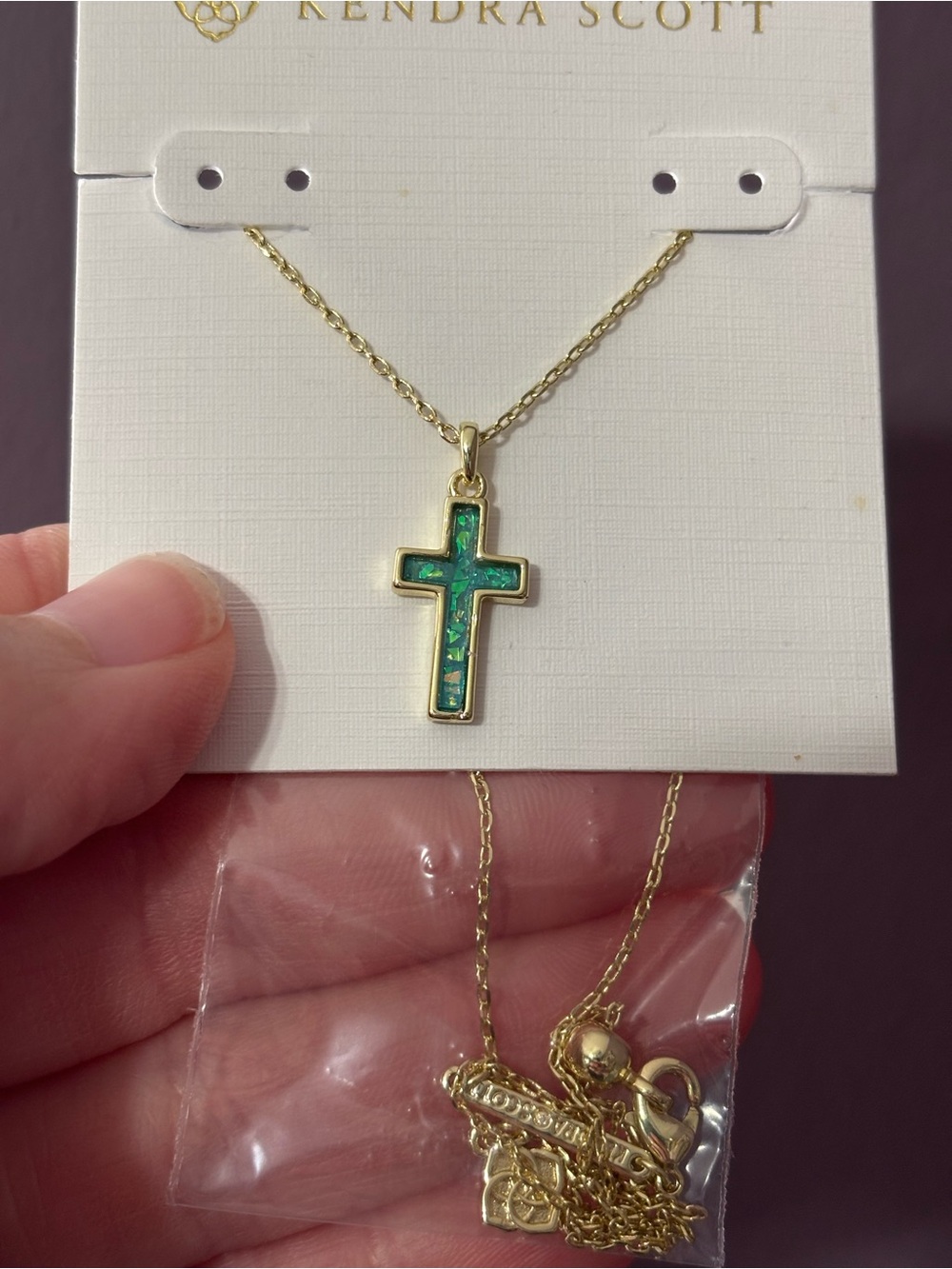 Kendra Scott Gold Cross Necklace with Green Opal Inlay